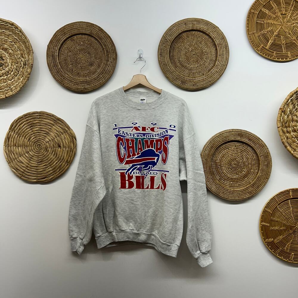 Vintage 90s Buffalo Bills 1990 AFC Champs Crew Neck Sweatshirt Mens XXL Gray - Picture 2 of 8